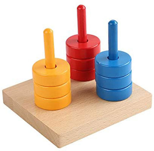 Colored Discs on 3 Colored Dowels