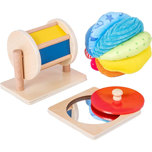 Mirror Peekaboo Knob Puzzle, Medium Spinning Drum and Rainbow Fabric Ball Kit